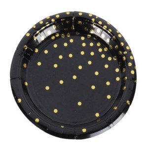 KIT 10 PRATOS 18CM PAPER- BOLINHAS PRETO DOURADO